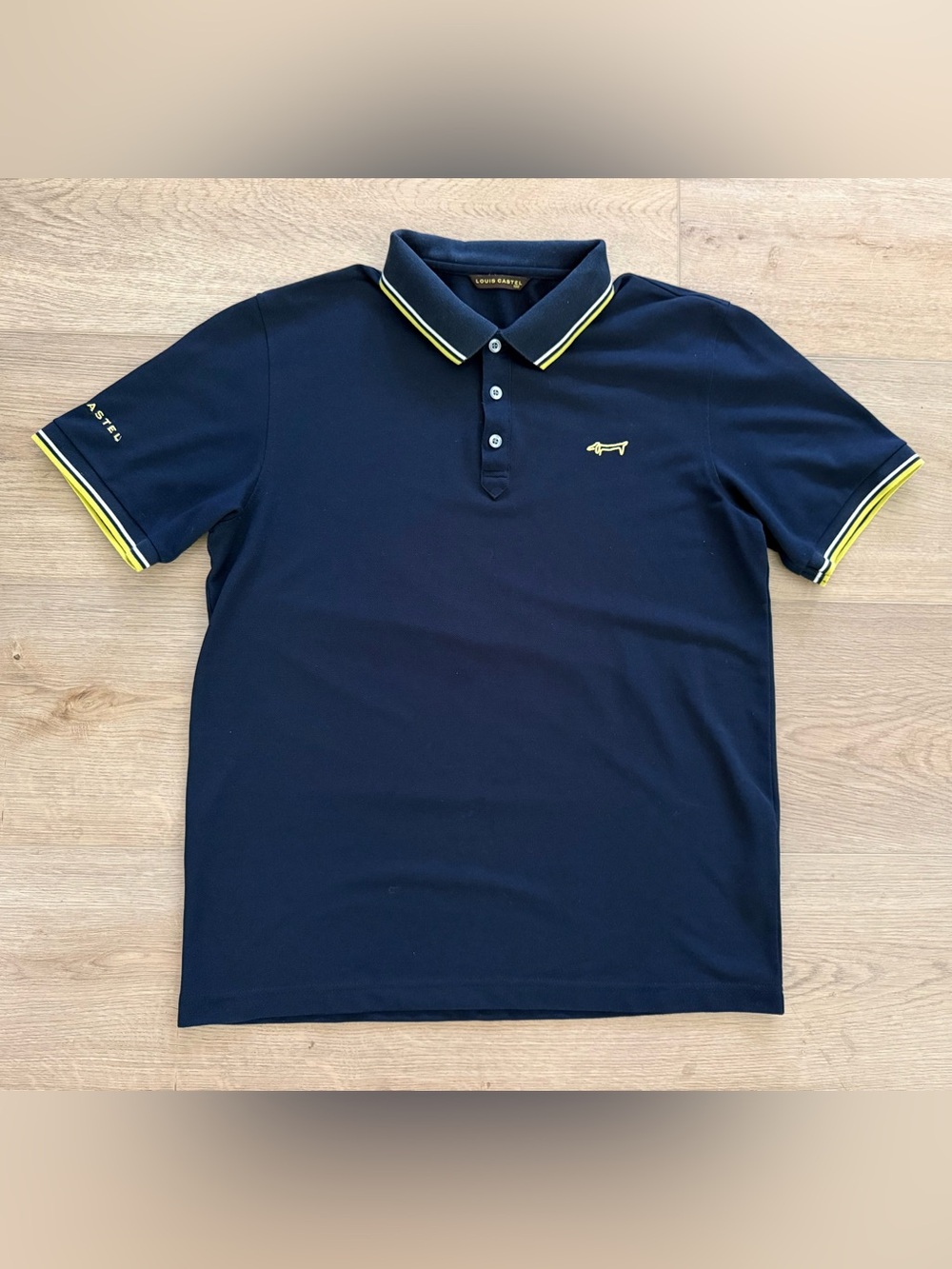Louis Castel Men’s Golf Polo Size 100 L Yellow Trim Navy